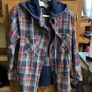 Oli & Hali Navy and Red Plaid Hooded Shirt